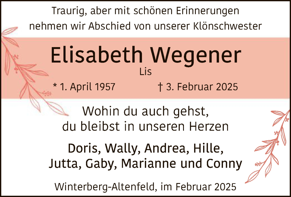  Traueranzeige für Elisabeth Wegener vom 15.02.2025 aus WA