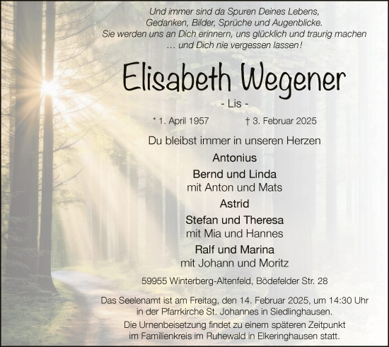 Traueranzeige von Elisabeth Wegener von WA
