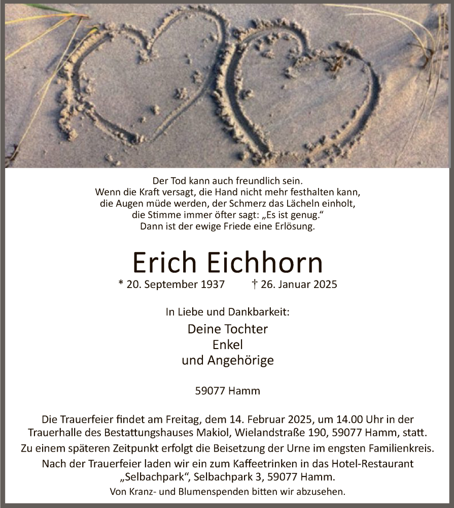  Traueranzeige für Erich Eichhorn vom 08.02.2025 aus WA