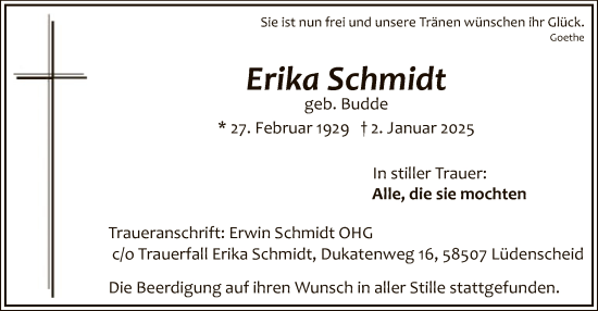 Traueranzeige von Erika Schmidt von WA