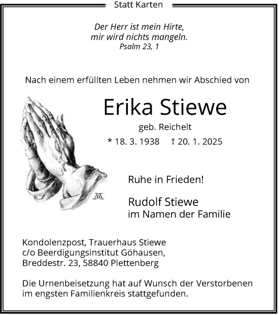 Traueranzeige von Erika Stiewe von WA