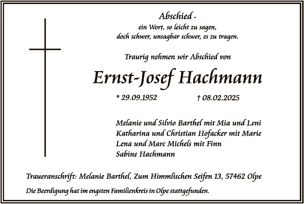  Traueranzeige für Ernst-Josef Hachmann vom 22.02.2025 aus WA