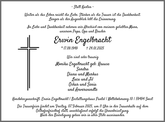 Traueranzeige von Erwin Engelbracht von WA