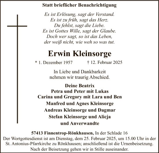 Traueranzeige von Erwin Kleinsorge von WA