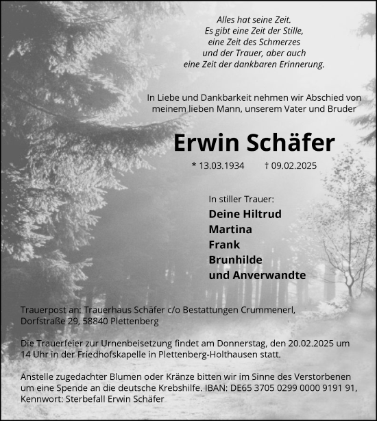 Traueranzeige von Erwin Schäfer von WA