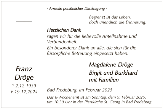 Traueranzeige von Franz Dröge von WA