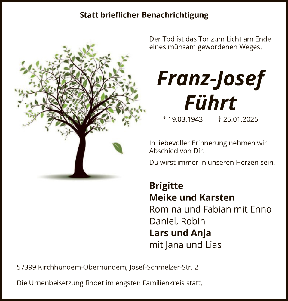  Traueranzeige für Franz-Josef Führt vom 01.02.2025 aus WA