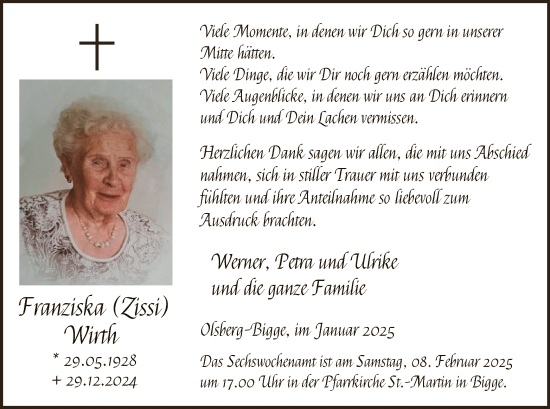 Traueranzeige von Franziska Wirth von WA