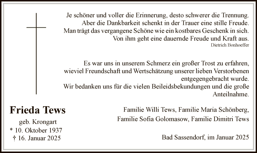  Traueranzeige für Frieda Tews vom 01.02.2025 aus WA