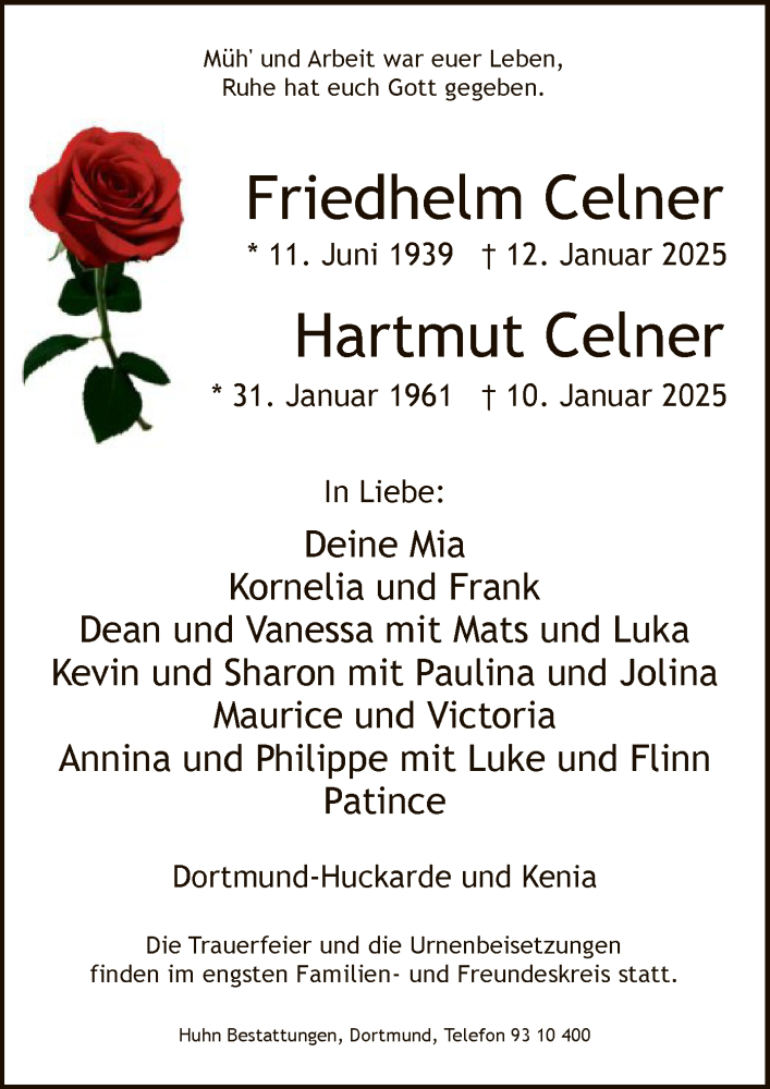  Traueranzeige für Friedhelm und Hartmut Celner vom 01.02.2025 aus WA