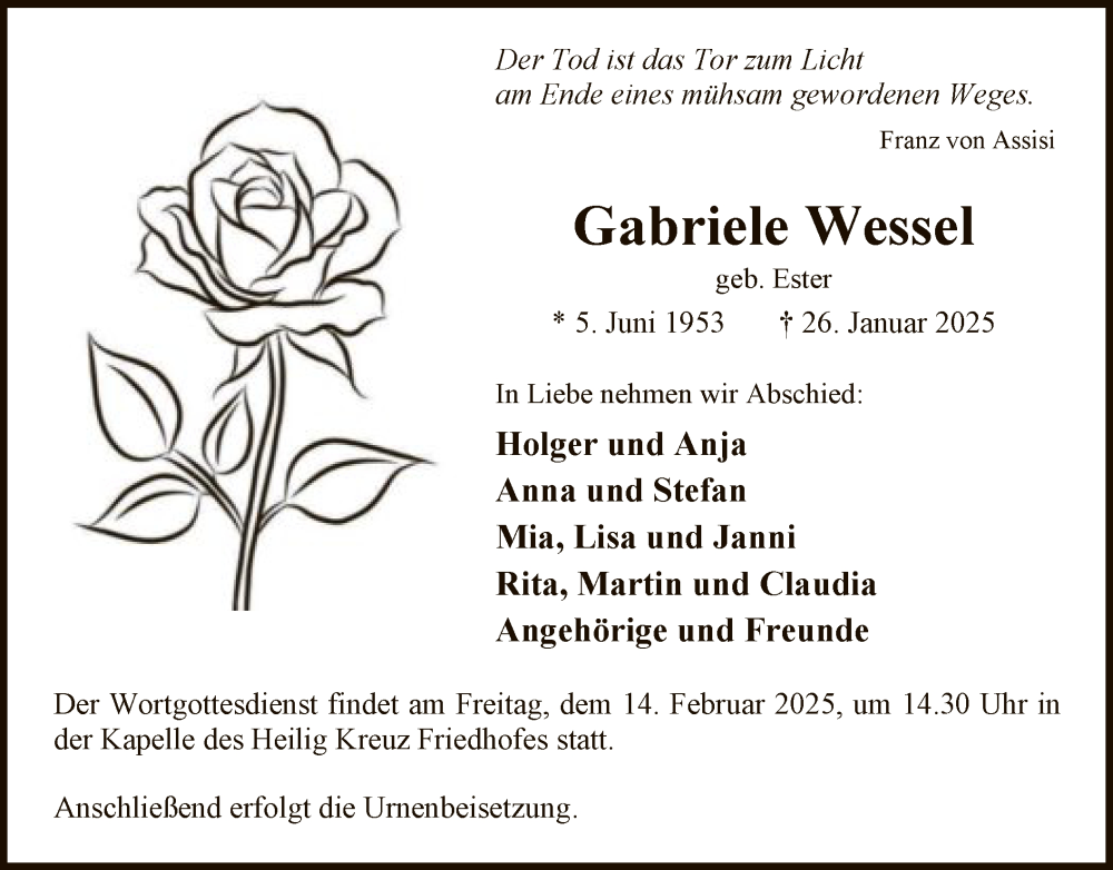 Traueranzeige für Gabriele Wessel vom 01.02.2025 aus WA