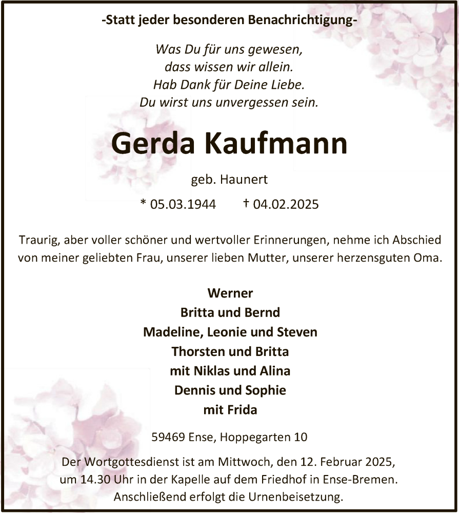  Traueranzeige für Gerda Kaufmann vom 08.02.2025 aus WA