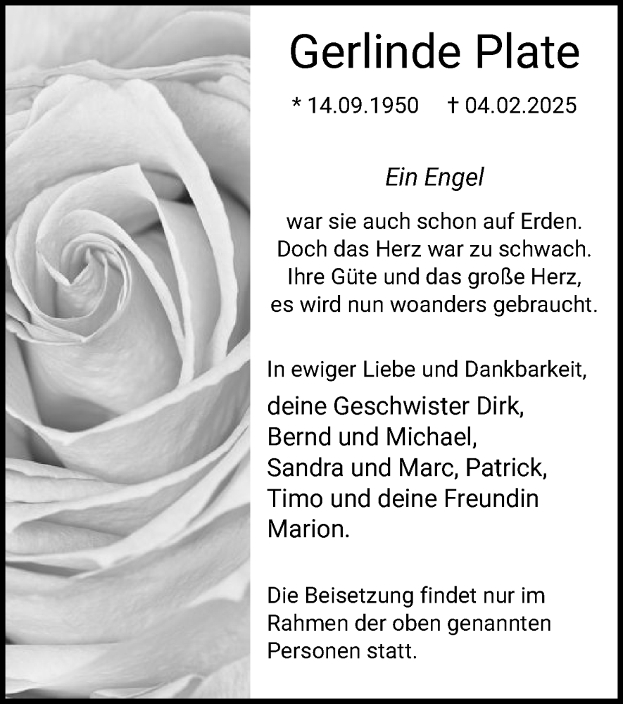  Traueranzeige für Gerlinde Plate vom 08.02.2025 aus WA