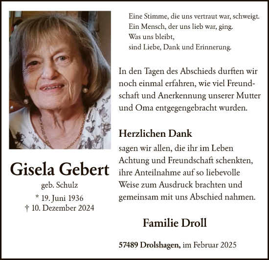 Traueranzeige von Gisela Gebert von WA