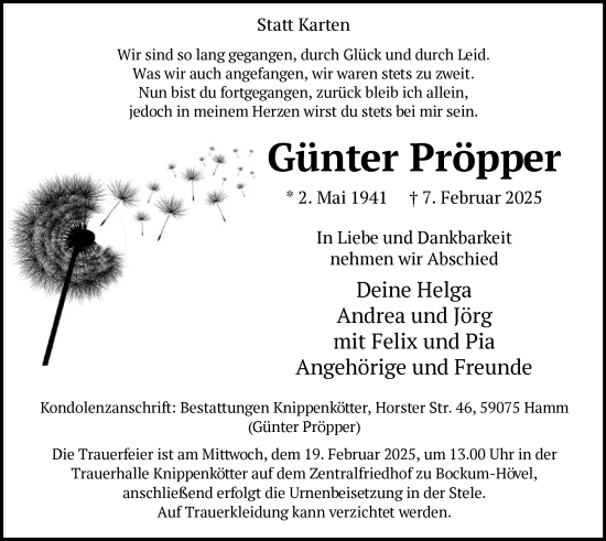 Traueranzeige von Günter Pröpper von WA