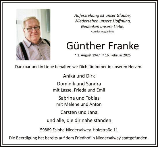 Traueranzeige von Günther Franke von WA