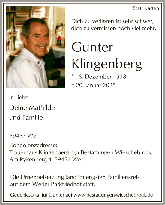 Traueranzeige von Gunter Klingenberg von WA