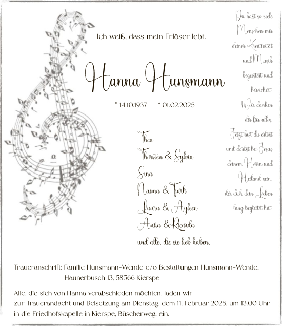 Traueranzeige von Hanna Hunsmann von WA