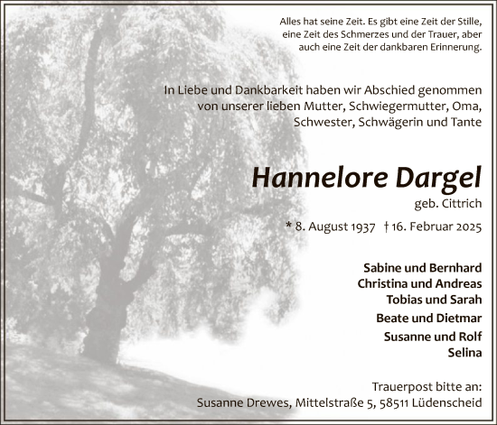 Traueranzeige von Hannelore Dargel von WA