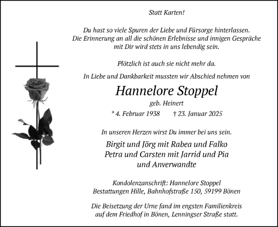 Traueranzeige von Hannelore Stoppel von WA