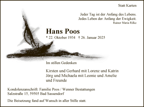 Traueranzeige von Hans Poos von WA