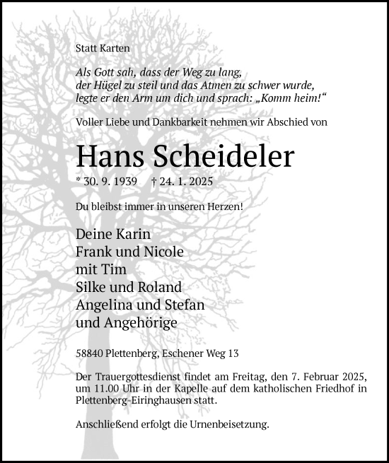 Traueranzeige von Hans Scheideler von WA
