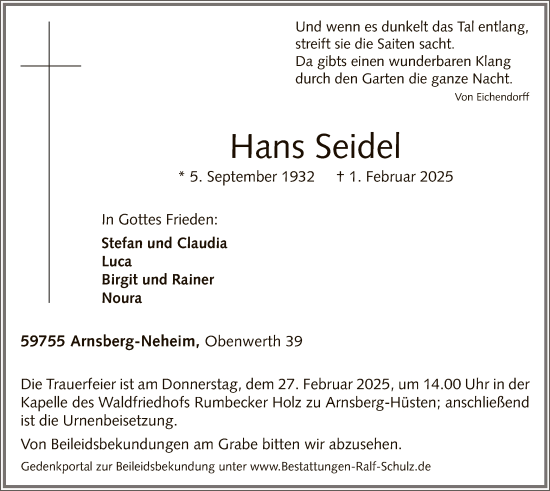 Traueranzeige von Hans Seidel von WA