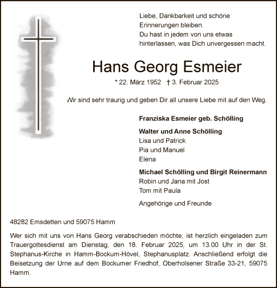 Traueranzeige von Hans Georg Esmeier von WA