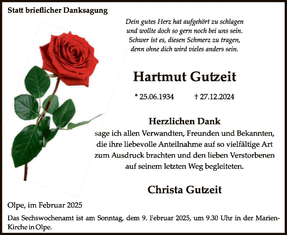  Traueranzeige für Hartmut Gutzeit vom 01.02.2025 aus WA