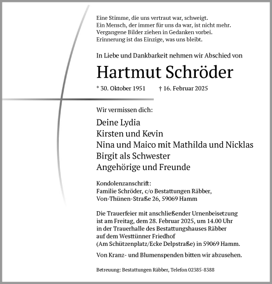 Traueranzeige von Hartmut Schröder von WA