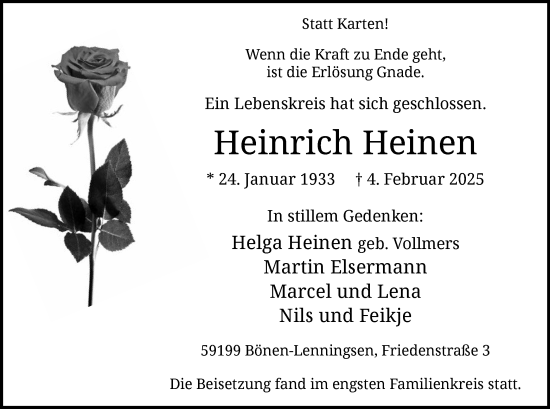 Traueranzeige von Heinrich Heinen von WA