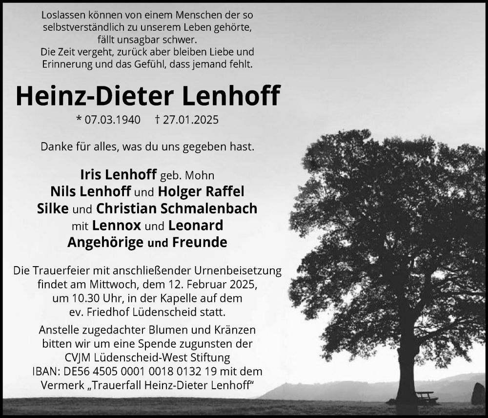  Traueranzeige für Heinz-Dieter Lenhoff vom 05.02.2025 aus WA