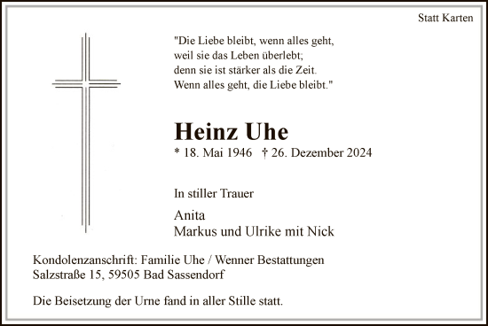 Traueranzeige von Heinz Uhe von WA