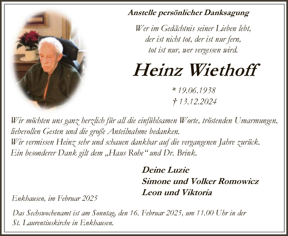 Traueranzeige für Heinz Wiethoff vom 08.02.2025 aus WA