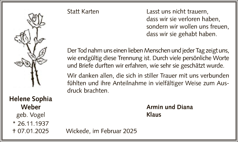  Traueranzeige für Helene Sophia Weber vom 01.02.2025 aus WA