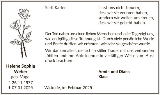 Traueranzeige von Helene Sophia Weber von WA