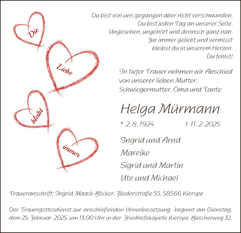  Traueranzeige für Helga Mürmann vom 19.02.2025 aus WA