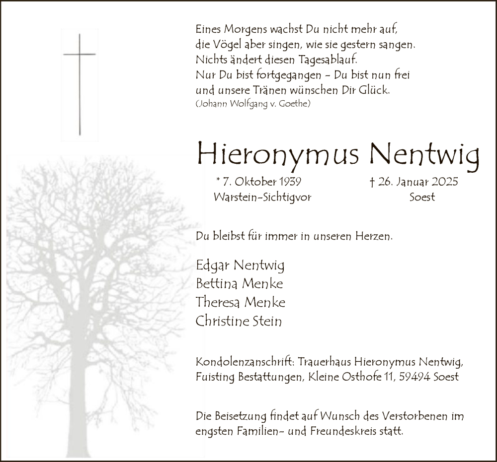  Traueranzeige für Hieronymus Nentwig vom 01.02.2025 aus WA