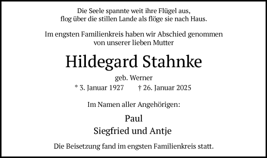 Traueranzeige von Hildegard Stahnke von WA