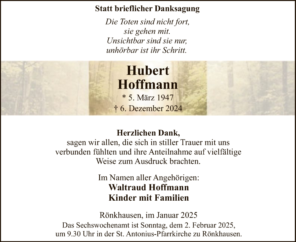  Traueranzeige für Hubert Hoffmann vom 01.02.2025 aus WA