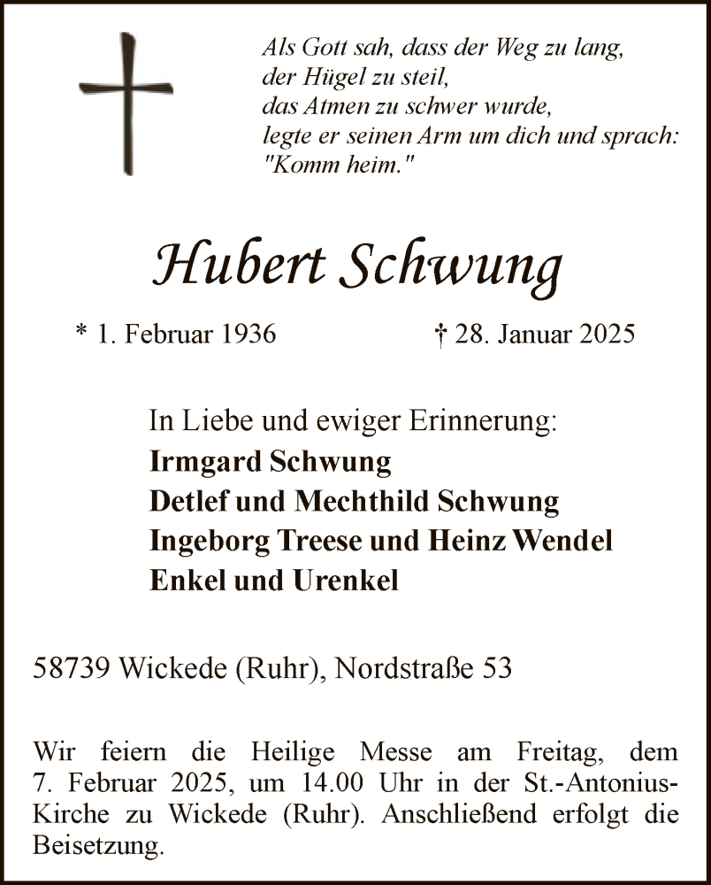  Traueranzeige für Hubert Schwung vom 01.02.2025 aus WA