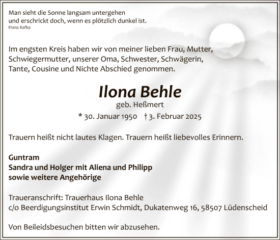 Traueranzeige von Ilona Behle von WA