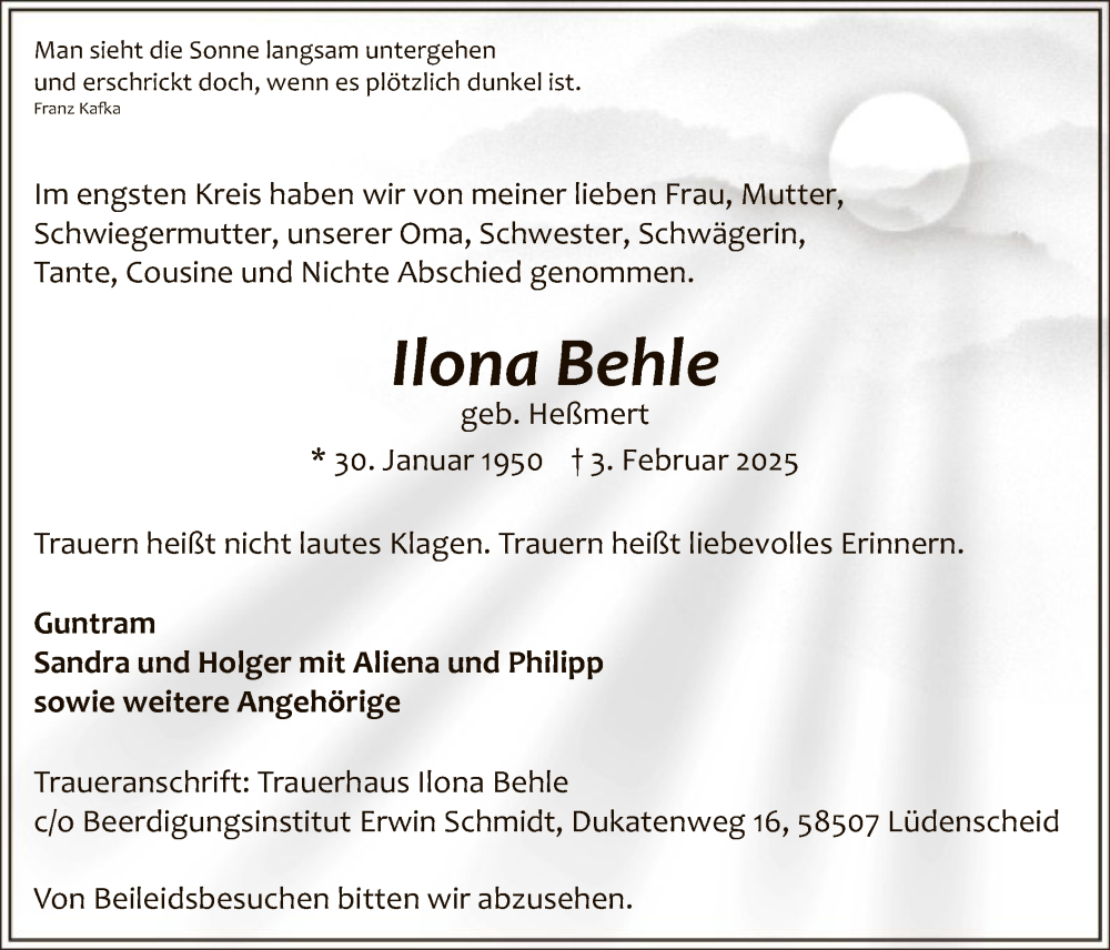  Traueranzeige für Ilona Behle vom 21.02.2025 aus WA