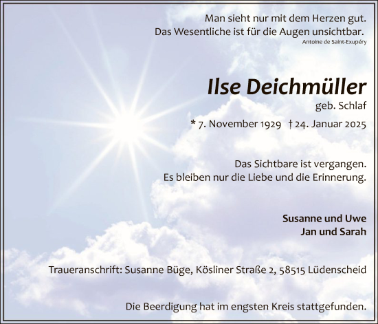 Traueranzeige von Ilse Deichmüller von WA