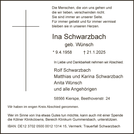 Traueranzeige von Ina Schwarzbach von WA