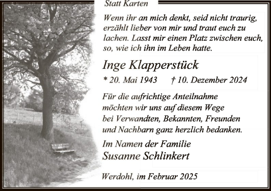 Traueranzeige von Inge Klapperstück von WA