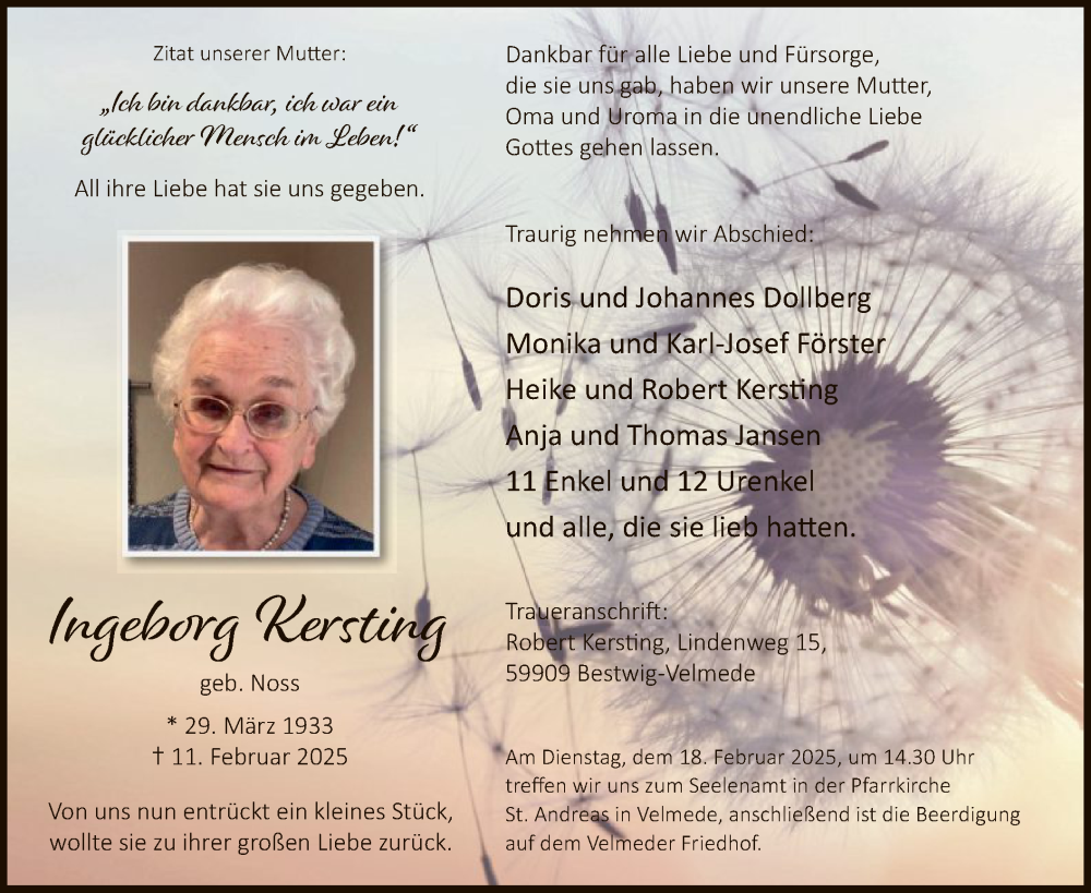  Traueranzeige für Ingeborg Kersting vom 15.02.2025 aus WA