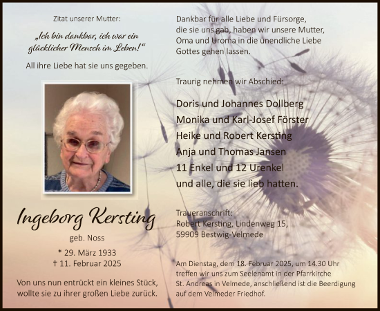 Traueranzeige von Ingeborg Kersting von WA