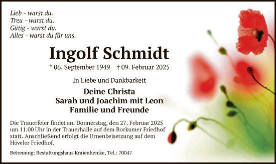 Traueranzeige von Ingolf Schmidt von WA