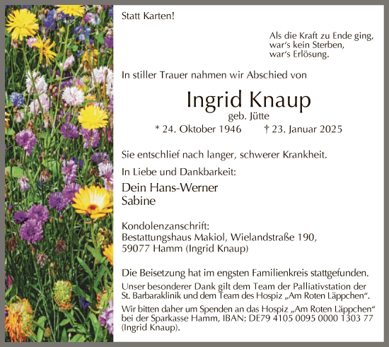 Traueranzeige von Ingrid Knaup von WA